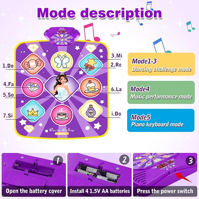Kusntin Dance Mat, Dance Mixer Rhythm Step Play Mat, Pink Dance Pad with LED Lights, Adjustable Volume, Built-in Music, 5 Game Modes, Xmas Birthday Gifts for 3-10 Years Girls Toys (Purple-Princess)