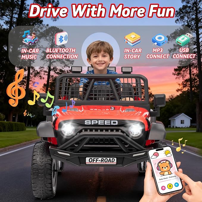 24V Ride on Toys w/Remote Control, 4WD Kids Ride on Truck Car, 3 Speed, Bluetooth Music, Wide Seat, Spring Suspension, LED Light, Birthday for Boys Girls Toddler (D-Red)