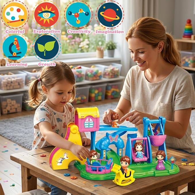 Building Toys Kids Playground Set, Pink Amusement Park Toy Playset with 4 Doll Figures, Swing Slide Rocking Horse & Spinning Ride, Pretend Play Dollhouse for Girls 3 4 5 6 7, Gift for Kids