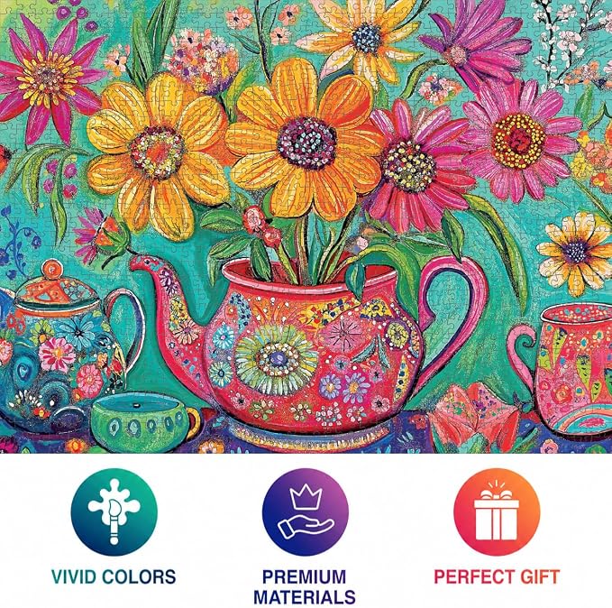 Cross & Glory - The Colorful Teapot Garden - 1000 Piece Jigsaw Puzzle for Adults | Best New Floral Artwork Puzzle | Relaxing and Intricate Puzzle Experience
