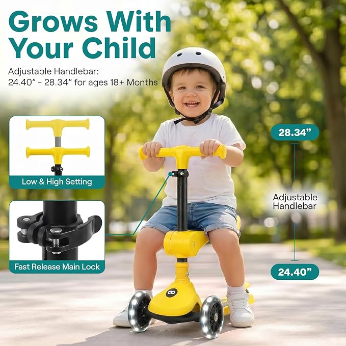 SereneLife 3 Wheel Scooter for Toddlers & Kids, Foldable Seat, LED Wheels, Adjustable Handlebar, Anti-Slip Deck, Rear Foot Brake, Lean-to-Steer, Kid Scooter Ages 18M–7Y, Supports up to 110 lbs, Yellow