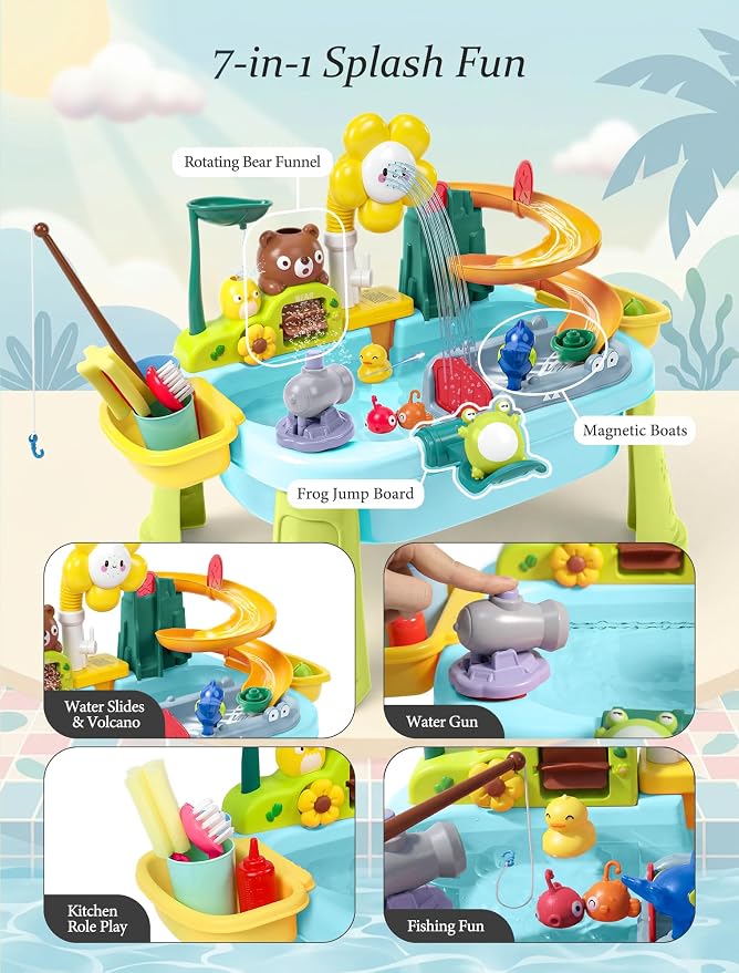 Water Table for Toddlers 1-3 with Pump: Summer Sensory Play Sink, Kitchen Fishing Playset with Running Water, Indoor Outdoor Montessori Water Toy Gift for Kids, BPA-Free, Non-Toxic