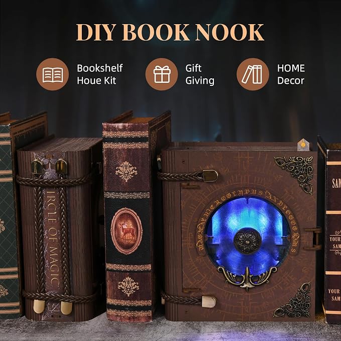 Book Nook Kit, DIY Miniature Dollhouse Magic Booknook Kit, 3D Wooden Puzzle Bookend Bookshelf with LED Light for Adults Teens (Circle of Magic)