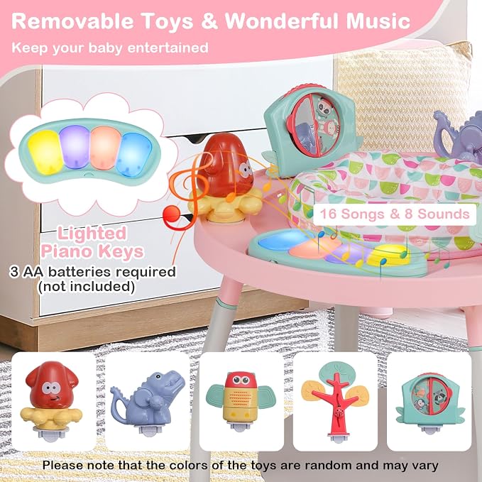 HONEY JOY Baby Activity Center, 5 in 1 Infant Jumper & Standing Play Table w/ 360° Rotary Seat, 6 Toys, 3 Adjustable Heights, Lights, Music & Sounds, Activity Center for Babies 6-36 Months (Pink)