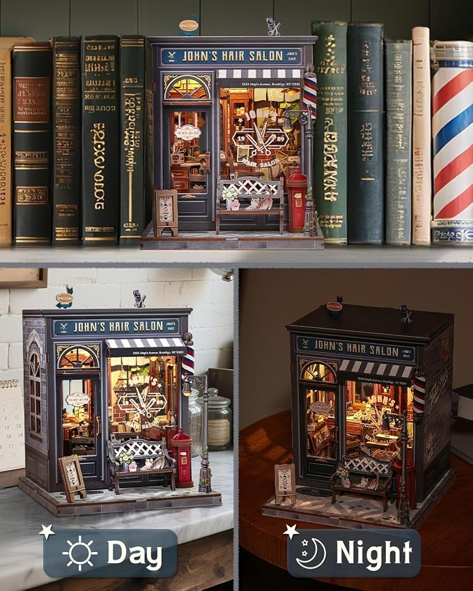 Book Nook Kit - DIY Adult Miniature Dollhouse, Hair Salon Themed, 3D Wooden Puzzle Bookend, Bookshelf Decor Gift for Family and Friends (John's Hair Salon)