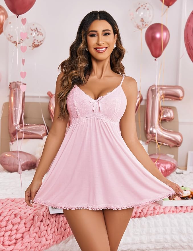 Avidlove Women Nightgown Sexy Sleepwear Lace Chemise V-neck Modal Babydoll Lounge Dress
