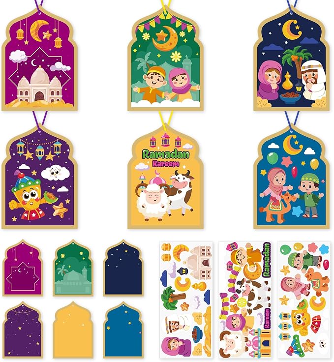 PAIVSUN 24Pcs Ramadan Crafts for Kids, Make You Own Eid Mubarak and Ramadan Kareem Craft Kit, DIY Mosque Scene Religious Sticker Activities Hanging Ornaments for Classroom Party Favor Supplies