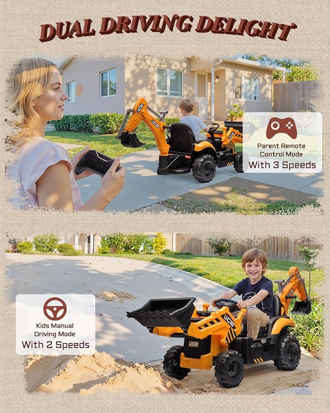 First Ride On JCB 3CX Licensed 24V Excavator Ride On Toys for Kids, Backhoe Digger Toy with Reversible Seat, Removable Front & Rear Arms, Remote Control, Electric Construction Car for Boys Girls (24V)