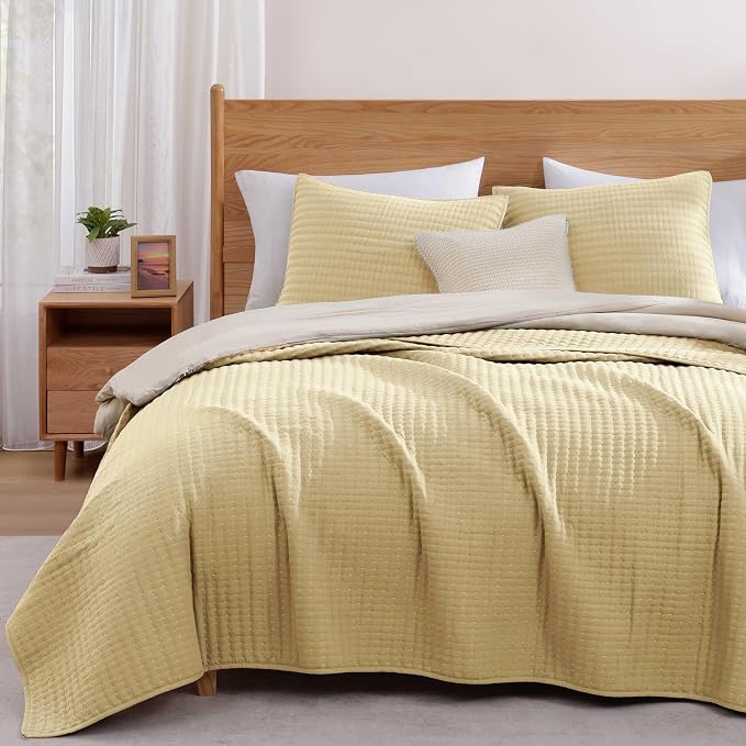 WRENSONGE Queen Quilt-3 Pieces Lightweight Bedspreads Light Yellow Queen Size Quilt Bedding Set for All Seasons, Soft Summer Coverlet with 2 Pillow Shams Suitable for Bed & Couch