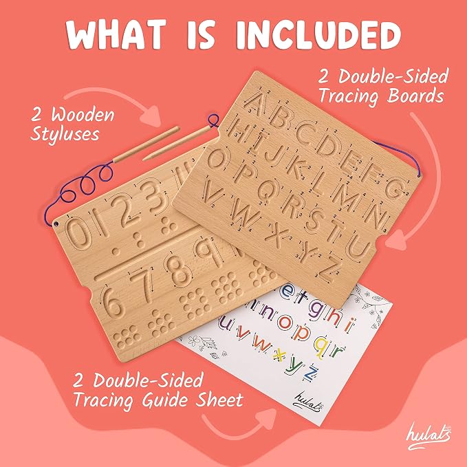 Hulats Learn to Write - Number & Letter Tracing Boards with Direction Arrows - Wooden Alphabet Learning Montessori Toys 4+ Year Old Toddler Writing Tools Beginner Preschool Classroom Must Haves