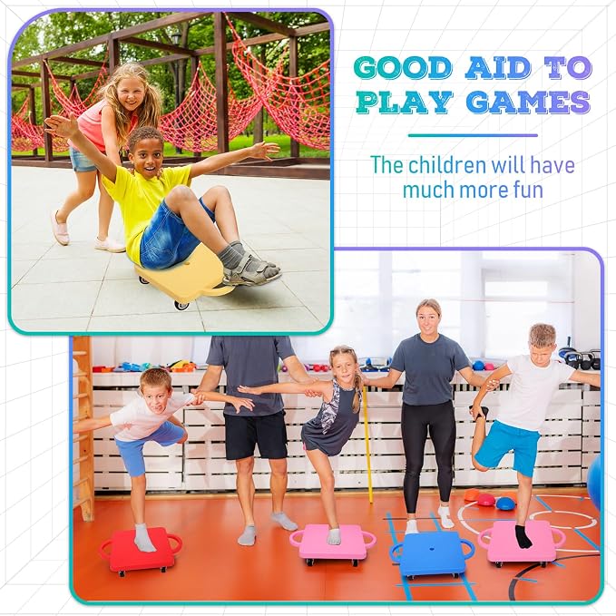 6 Pieces Sports Scooter Board Bulk Sitting Scooter Board with Handles Plastic Casters Sport Flat Scooter for Kids Children Gym Indoor Outdoor Activities Play Equipment(Light Color)