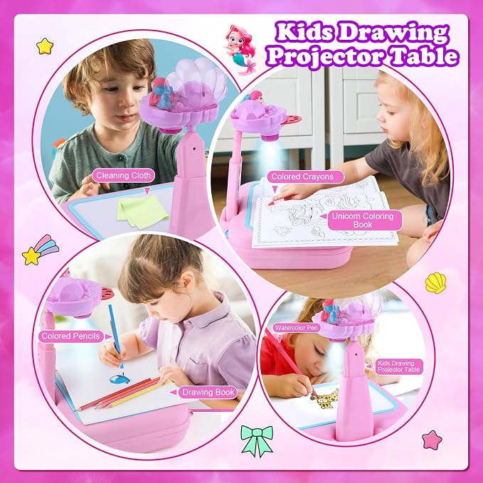Hoarosall Drawing Projector for Kids, Arts and Crafts,Drawing Board Tracing Pad, Color Pens, Pencils, Crayons, Scrapbook, Ideal Toy for 3+ Year Old Girls (Mermaid Kit with Box)