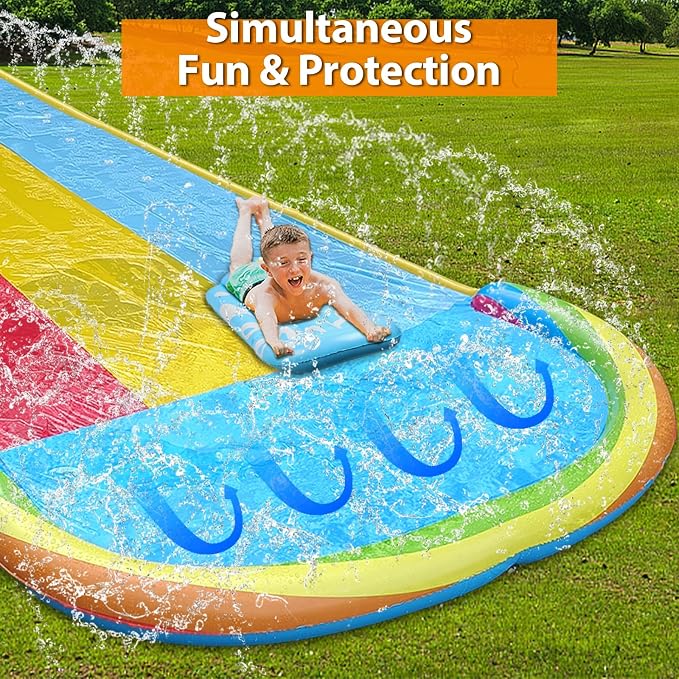 MorTime 22.5ft Slip Water Slide with Sprinklers, Slip and Slide with 3 Inflatable Bodyboards and Splash Pool Waterslide Backyard Lawn Outdoor Water Toy