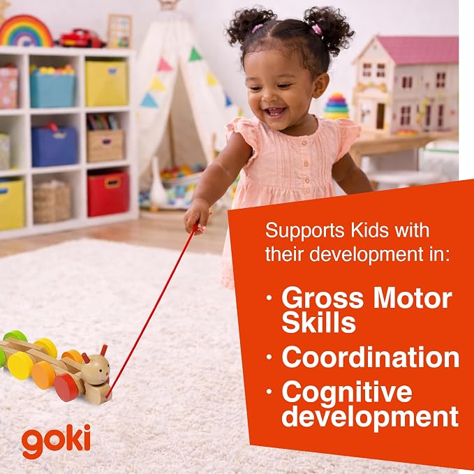 Goki Wooden Pull Toy Caterpillar NILA Montessori Toys for 1 Year Old I Baby Walking & Toddler Along String - Eco Friendly Wood Motor Skills Development I 1st Birthday Gifts - German Quality & Design