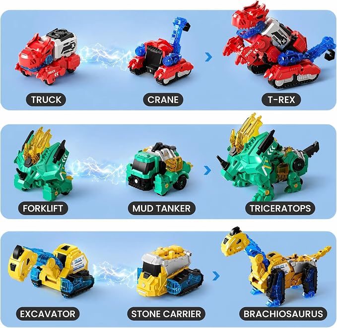 Magnetic Dinosaur Transforming Robot Toys, 6-in-1 Dino Construction Trucks for Kids, Magnetic Car Toys for Boys Girls Age 3 4 5 6 7 8, STEM Educational Christmas Building Gift