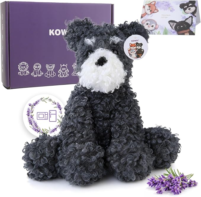 KOWSI® Microwavable Heating Pad Schnauzer Dog Plush - Weighted Stuffed Animal Toy Tourmaline Beads & Lavender - 1.1 lb for Long Lasting Cozy Warmth & Relaxation - Includes Gift Box & Greeting Card