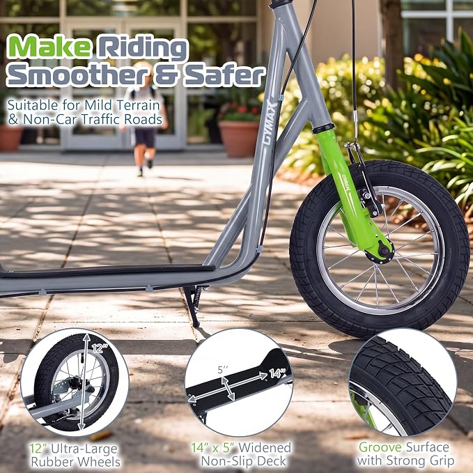 GYMAX Scooter, Kids & Adults Off-Road Scooter with 12" Inflatable Wheels, Adjustable Height Handlebar, V-Type Handbrakes & Axle Pegs for All Terrain, 8+