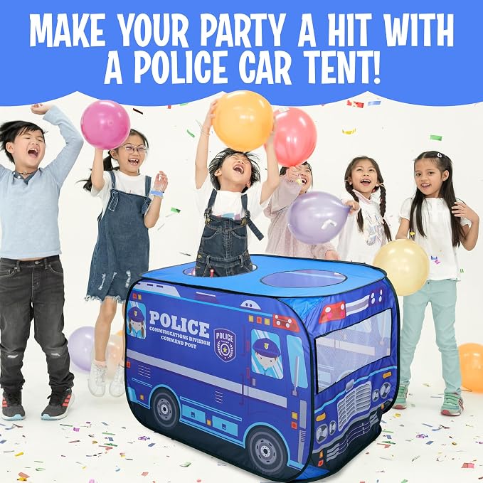 Playbees Musical Police Car Pop Up Play Tent with 3 Openings - Tent for Toddlers - Indoor & Outdoor - Pop Up Tents for Kids - Includes Carry Bag and Sound Button- 43.5x28x26.5 Inch