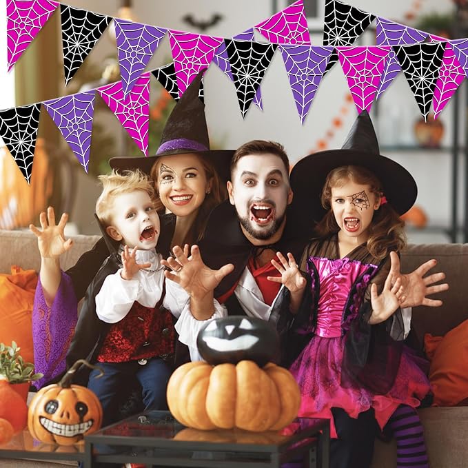 Tiamon 5 Pcs Wednesday Birthday Party Decorations Halloween Spider Web Birthday Triangle 49.2 ft Flag Black Purple Pink Pennant Banner Spider Garland Streamer for Baby Shower Party Supply