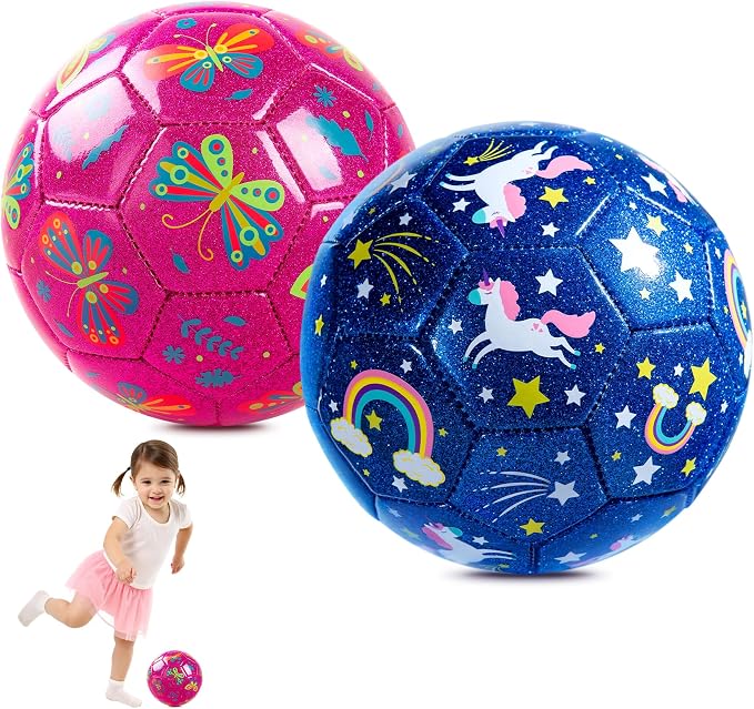INPODAK Soccer Ball Size 3 Size 2 for Toddlers Kids 1-3 3-8, 1 or 2 Pack Cartoon Small Dinosaur Unicorn Soccer Ball Gifts for Girls Boys, Indoor Outdoor Sports Play Toys Birthday Gifts with Pump