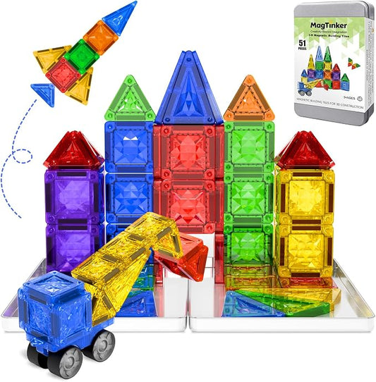 Mini Magnetic Tiles, 51 PCS Travel Magnetic Tiles Set in Iron Box with Magnetic Car - Portable STEM Building Toys, Brand-Compatible, Perfect Educational Gift for Kids Ages 3 4 5 6 7 8 9