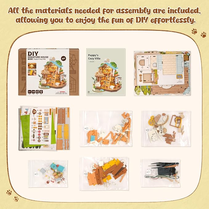 ROBOTIME DIY Miniature House Kit, Mini Wooden Dollhouse Diorama Model, Tiny House Building Kits,Birthday Christmas Craft Hobbies Gift for Teens Kids and Friends（Puppy's Cozy Villa）