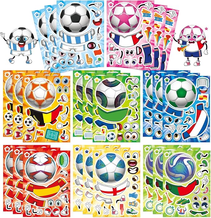 24 Sheets Soccer Stickers for Kids, Make a Face Stickers, Make Your Own Sticker, Goodie Bag Stuffers, Football Gifts, Soccer Party Favors, Classroom Teacher Reward Educational Toy Art Craft