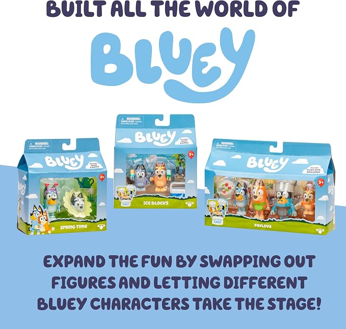 Bluey Surprise Blaster Suit Action Figure Set of 2, Articulated Character Toys with Neighbour Chucky Figurine, Small Action Figures for Kids Ages 3+