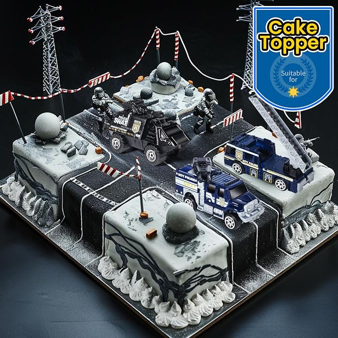 Oriate 6 Pack 1/64 Die-cast SWAT Police Cake Topper Kids Cars Boy Toys Set, Mini Cop Toy Car, Helicopter, Rescue Truck, Military Vehicles Toys, Birthday Gift for 3-5 Year Old Boys Girls