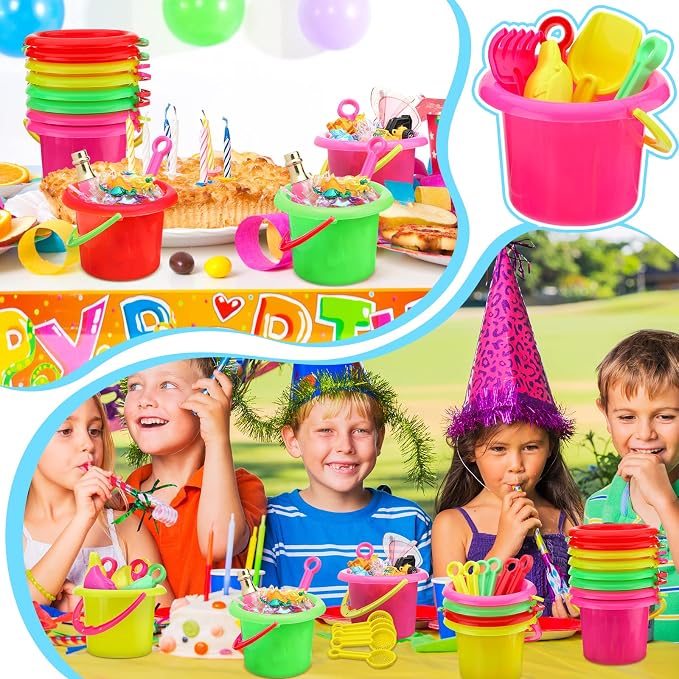 Jexine 96pcs Colorful Beach Party Favors for Kid 24 Set 3.94" Sand Buckets and Shovels for Bucket Party Favor Sand Box Play Set and Mini Beach Pail Includes Shovel, Rake, Scoop Summer Outdoor Toys