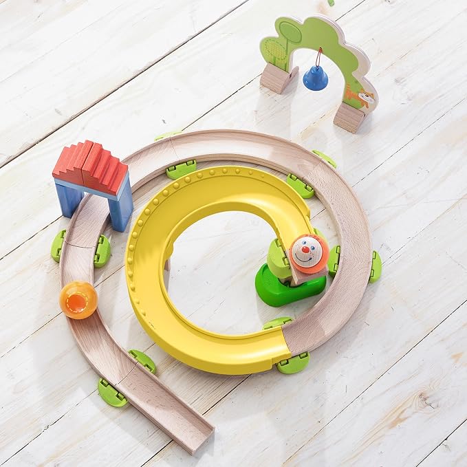 HABA Ball Run - Kullerbu Spiral Track, 26 Piece Wood & Plastic Marble Run Set with Wild Curves & Bell for Kids 2-6, STEM Toy Marble Maze Building Set