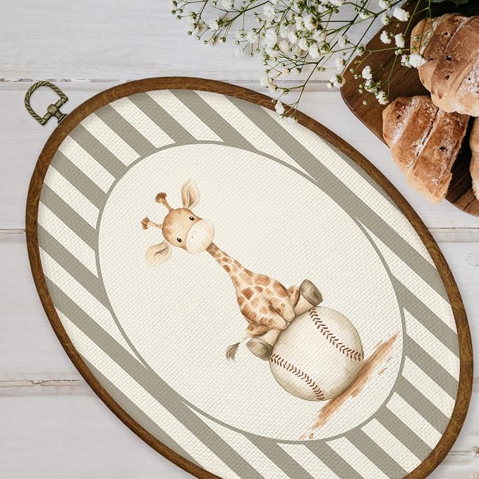 WULQYING Vintage Giraffe Baseball Nursery Wall Art Decor, Sports Oval Framed Canvas Art Prints, Neutral Striped Giraffe Baseball Wall Hanging Decor for Kids Boy Nursery Room Playroom, 8.5x11.4 Inches