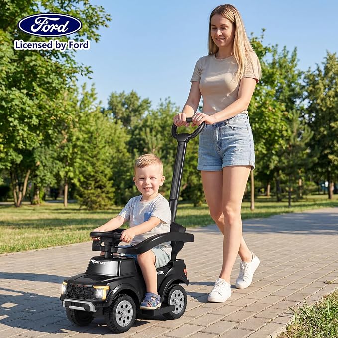 Costzon Ride On Push Car for Toddlers, 3-in-1 Ford Licensed Sliding Car w/Handle, Guardrail, Horn, Engine Sound, LED Lights, Under Seat Storage, Foot-to-Floor Kids Ride On Toys for Boys Girls (Black)