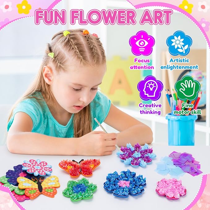 MUNDIDO Poke in Fun Art Flower Bouquet, Mess Free Paper Craft Kits for Kids, DIY Creative Activity Gifts for 6 7 8 9 10 Year Old Girls, Birthday Gifts for Girls Boys Age 5-12