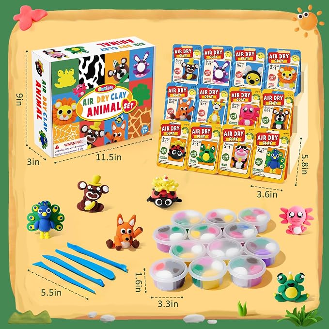 Air Dry Clay for Kids Modeling Clay Kit, 12 Boxes Model Magic Arts and Crafts for Kids with Tools & Tutorial, Non-Sticky, 3-12+ Years Boy Girl Birthday Gift, Animal Themed Party Favors Classroom Prize