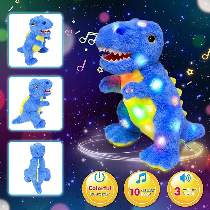 Light-up Singing Plush Blue Dinosaur LED Musical Stuffed Animal T-Rex Adjustable Volume Lullaby Plushies Birthday Christmas Toy Gifts for Kids Toddler Girls, 12"