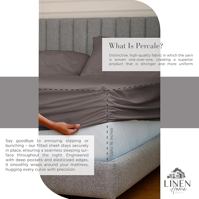 Linen Home 2-Pack King Sheet Set, 100% Cotton Percale Bedding, 8-Piece Value Bundle, Deep Pocket Cooling Bed Sheets for Hot Sleepers, Breathable & Crisp Hotel Quality, Long-Staple Cotton, Charcoal