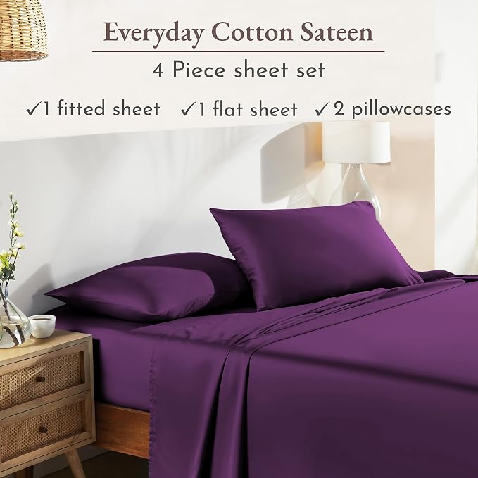 California Design Den Natural 100% Cotton Sheets Full Size Bed Set - Soft Sateen Weave, Fully Elasticized Deep Pocket Sheet Set, Breathable and Durable Bedding - Purple Passion