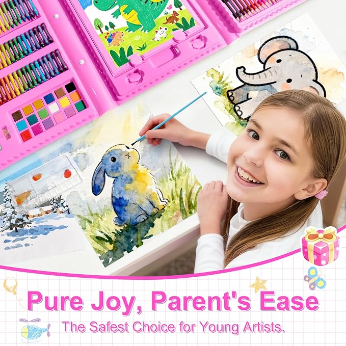 GOTIDEAL Art Supplies,Kids Art Set,210 PCS Art Kit for Kids Age 6-12 with Trifold Easel, Kid Drawing kit with Coloring Book, Crayons, Markers, Watercolor Pens,Gift for Boys and Girls(Pink)