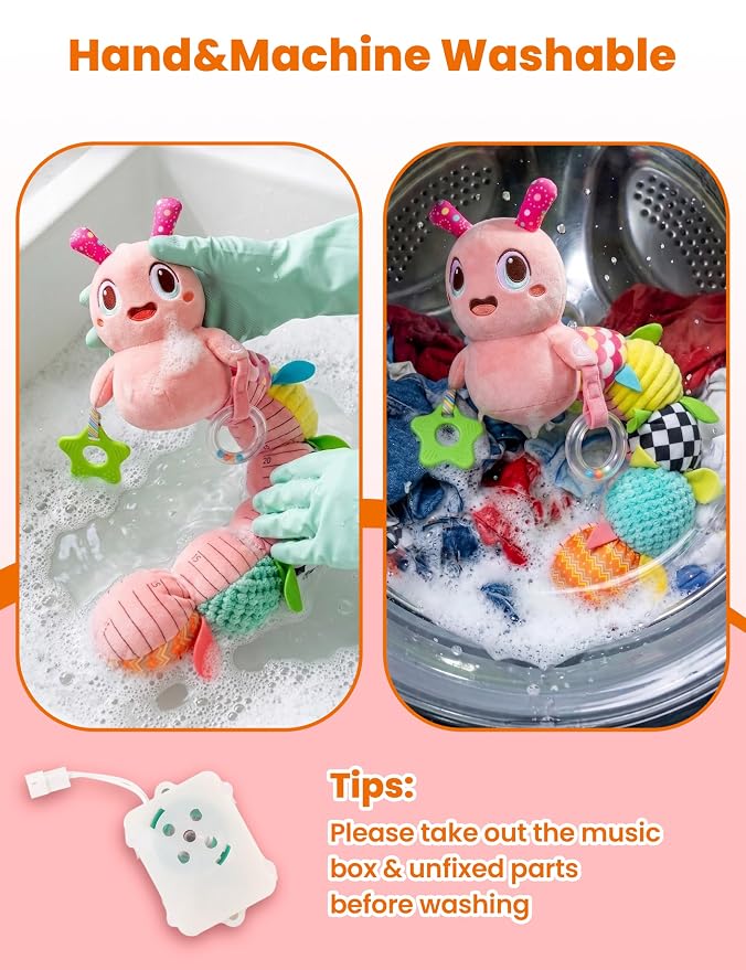 GoGonova Musical Caterpillar Baby Sensory Toy for Infant Development 0-12 Months – Newborn Bath, Car Seat, Stroller & Bassinet Activity Toy & Gift – Tummy Time Crawler & Teether(Pink)