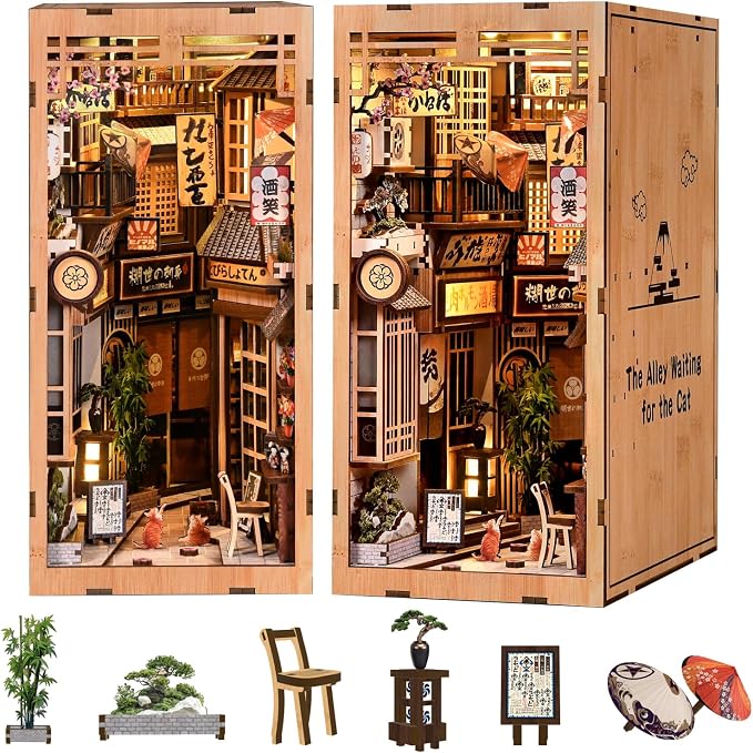 Book Nook Kit,with LED Light,DIY 3D Wooden Dollhouse Puzzle,Bookshelf Decorative Gift(The Alley Waiting for the Cat)