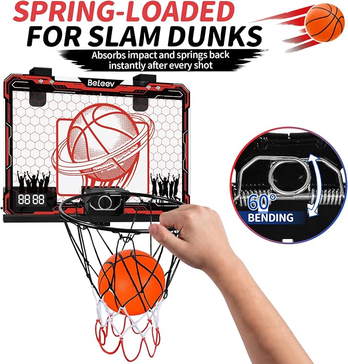BELEEV Indoor Mini Basketball Hoop with LED Lights, Electronic Scoreboard & Sounds, Over The Door Basketball Hoop for Kids, Ball & Pump Included, Indoor Sports Toy Gift for Boys Girls Ages 4-12 (Red)