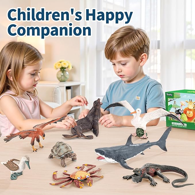 8PCS Large Galapagos Animal Toys, 4-8'' Realistic Sea Animal Figurines Set Includes Shark, Giant Tortoise, Hawk, Crab, Sea Lion, Blue-Footed Booby, Educational Learning Toys for Toddlers Kid