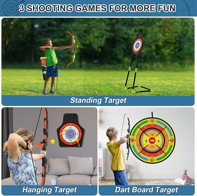 Bow and Arrow Set for Kids, 2 Pack LED Light Up Archery Set with 20 Suction Cup Arrows, Indoor and Outdoor Toy for Boys Girls Age 4-8 8-12 with Standing Target&2 Quivers, Birthday Gift 3-12 Years Old