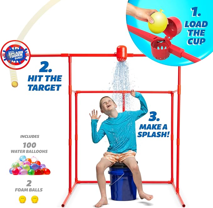 GoSports Backyard Water Toy Game for Kids & Family - Carnival-Style Splash Tower Dunk Tank with Water Balloons - Safe Design and Durable Weather-Resistant Construction - Ages 8 and Up