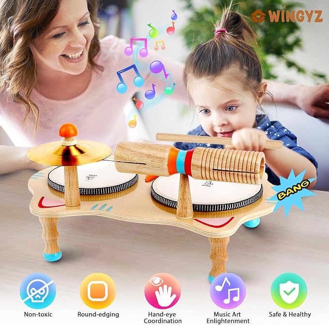 WINGYZ Kids Drum Set – 6-in-1 Wooden Musical Instruments for Toddlers 1–3, Montessori Baby Music Set with Drums, Cymbal & Tone Block, FSC-Certified Cat Design Table for Home & Classroom Learning Gift