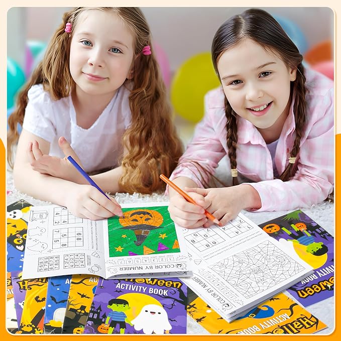 24Pcs Halloween Coloring Book Mini Game Color-in Pages Activity Book Set with Maze Crossword Puzzle Games Theme Party Favors Holiday Event Gift School Classroom Recreation Supplies for Kids
