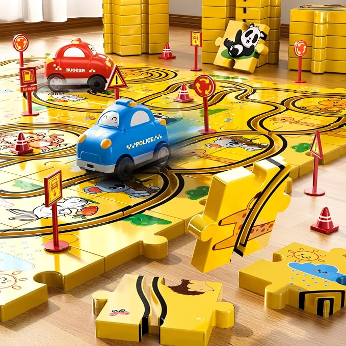 Bennol Puzzle Tracks Car Toys Gifts for 3 4 5 Year Old Boys 48PCS Puzzle Racer Cars Play Set for Kids Ages 3-5 4-6 Toys Gifts for 3 4 5 Year Old Boys Puzzle Racer Kids Car Track Set