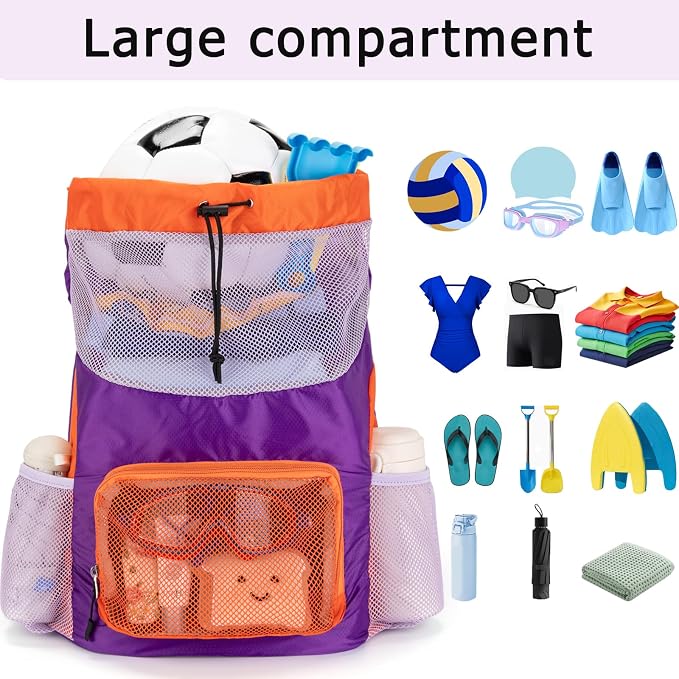 Swim Bag for Kids Mesh Beach Backpack for Boys Lightweight Drawstring Beach Bag Swimming Pool Sports Gym String Bag (Purple-Orange)
