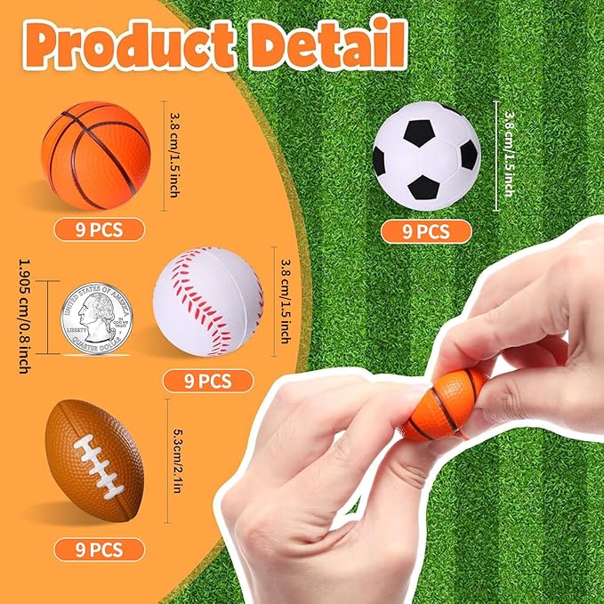 Sports Party Favors 36 Pack 1.6 inch Sports Stress Relief Toys Goodie Bags Stuffers Mini Foam Fidget Toys for Classroom Prizes Kids Return Gifts Birthday Party Favors Toys